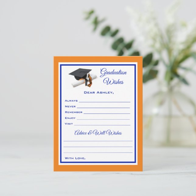 Graduate Wishes & Advice | Blue and Orange Card (Standing Front)