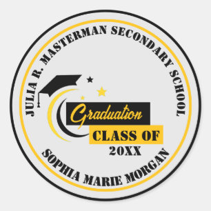 Graduate Yellow Black White Graduation Classic  Classic Round Sticker