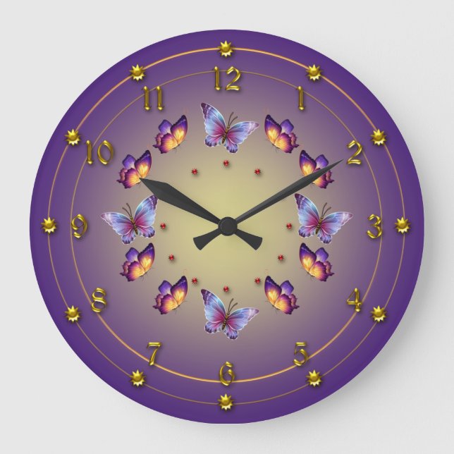 Graduated Purple and Yellow  Butterfly Ring Large Clock (Front)