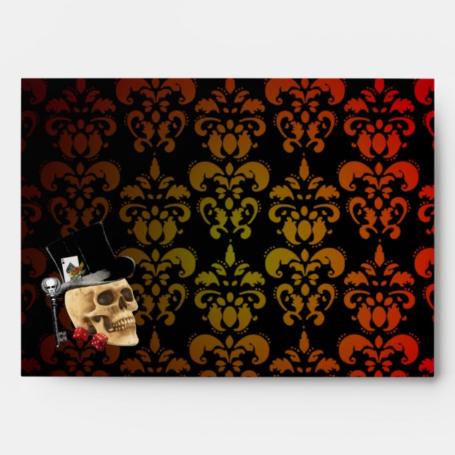 Graduated red,  yellow damask and gambling skull envelope (Front)