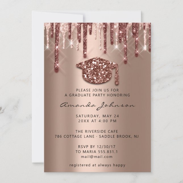 GraduateParty  Drips Rose Gold Cap3D Effect Invitation (Front)