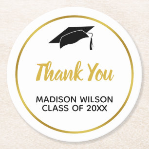 Graduate's Cap Thank You with Graduate Name Round Paper Coaster