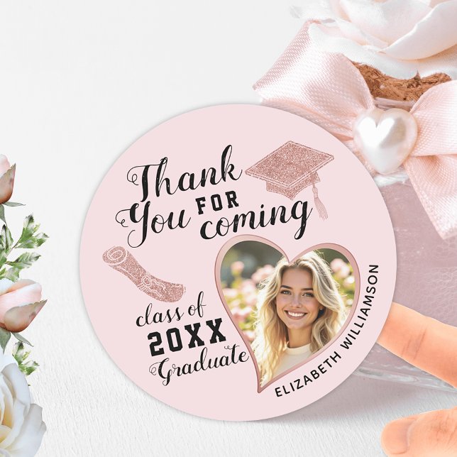 Graduates Photo Blush Pink Graduation Thank You Classic Round Sticker (Creator Uploaded)
