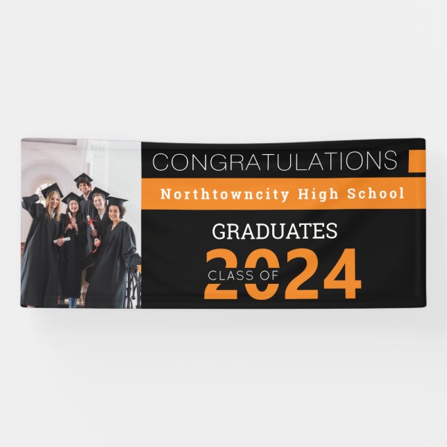 Graduating Class Black Orange Photo Graduation Banner (Horizontal)