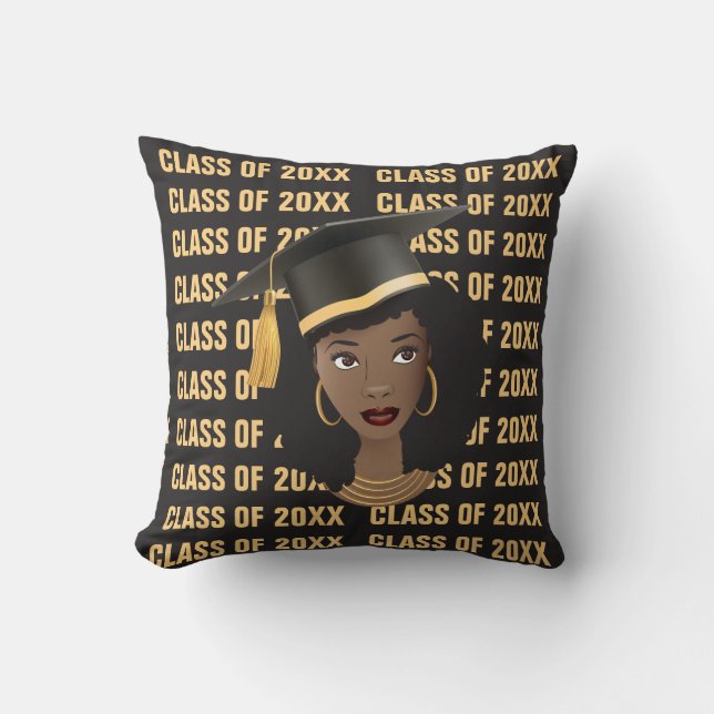 Graduating Class of 20XX, Black Woman, Gold Black Cushion (Front)