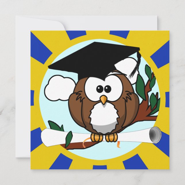 Graduating Owl w/  Blue & Gold School Colours Invitation (Front)