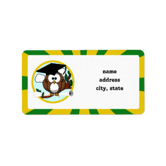 Graduating Owl w/  Green & Gold School Colours Label
