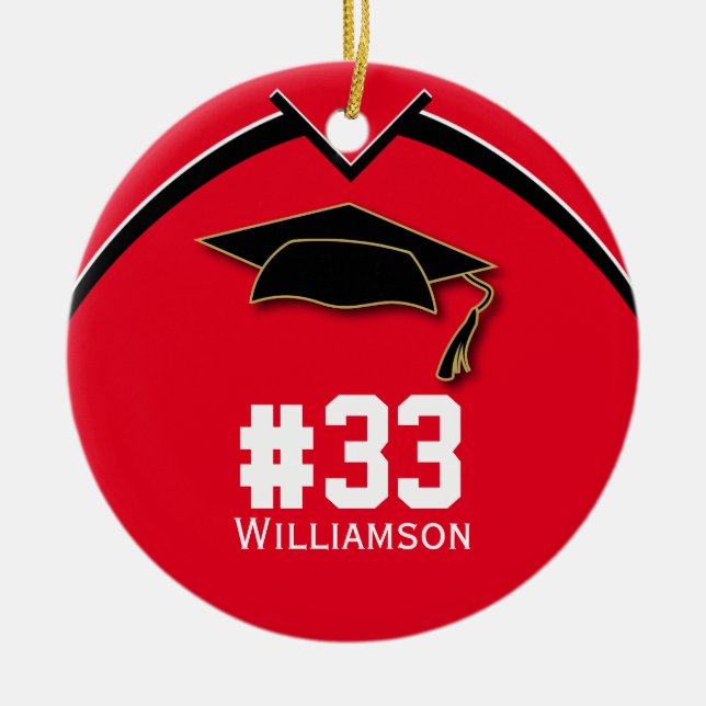 Graduating Senior Football Player Team # Red Ceramic Tree Decoration (Front)
