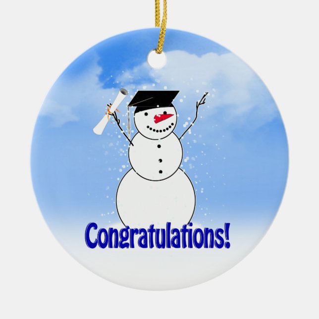 Graduating Snowman With Diploma Ceramic Tree Decoration (Front)