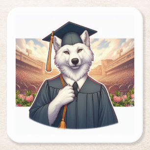 Graduating Wolf Square Paper Coaster