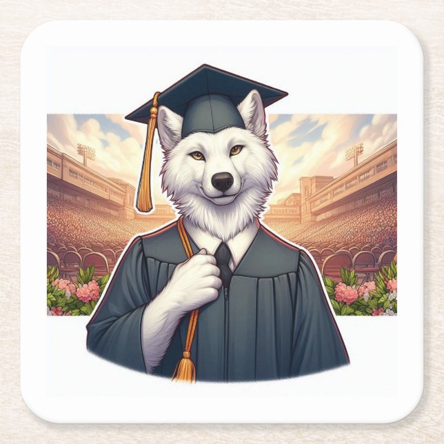 Graduating Wolf Square Paper Coaster (Front)