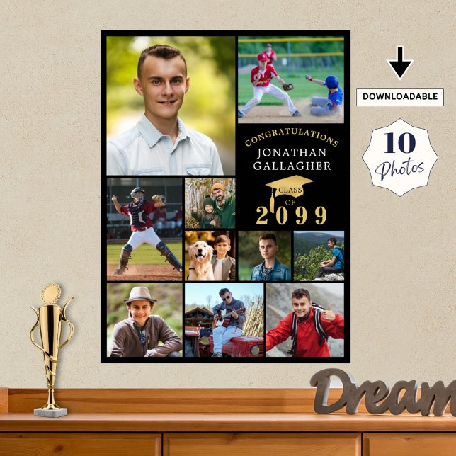 Graduation 10 Photo Collage Congrats Black Gold Poster (Creator Uploaded)