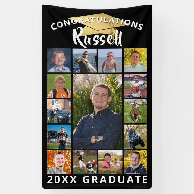 Graduation 15 Photo Collage Black Gold Cap Banner (Vertical)
