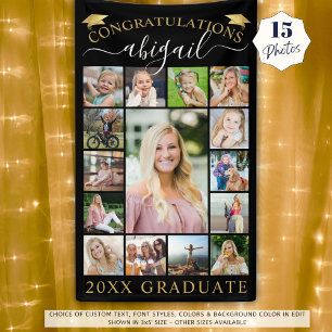 Graduation 15 Photo Collage Script Black Gold Cap Banner