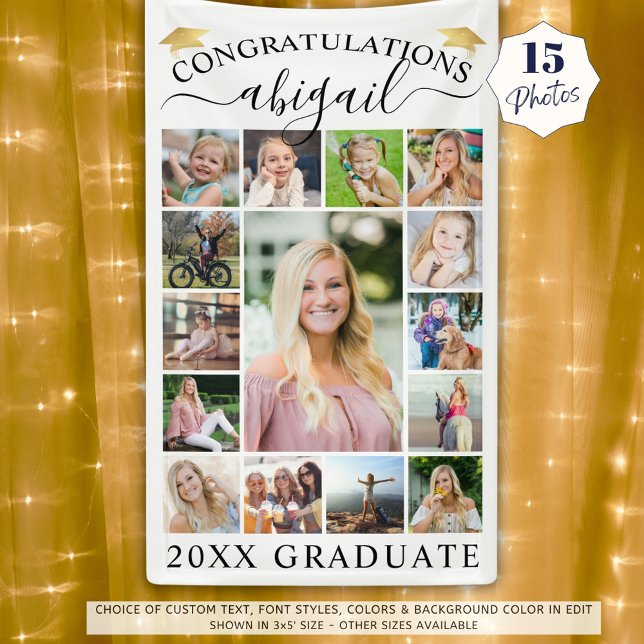 Graduation 15 Photo Collage Script Gold Cap Banner (Creator Uploaded)