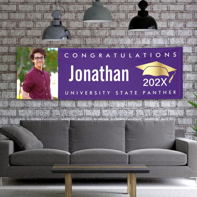 Graduation 1 photo gold cap modern bold purple banner (Creator Uploaded)