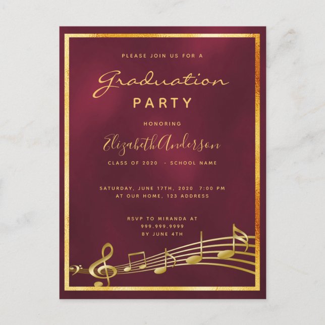 Graduation 2020 party burgundy music invitation postcard (Front)