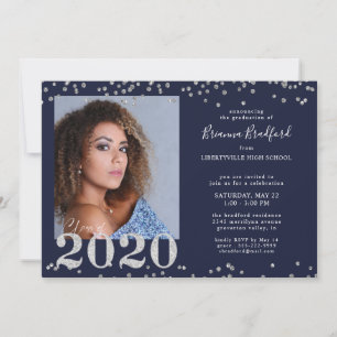 Graduation 2020 Silver Glitter Confetti Navy Blue Invitation