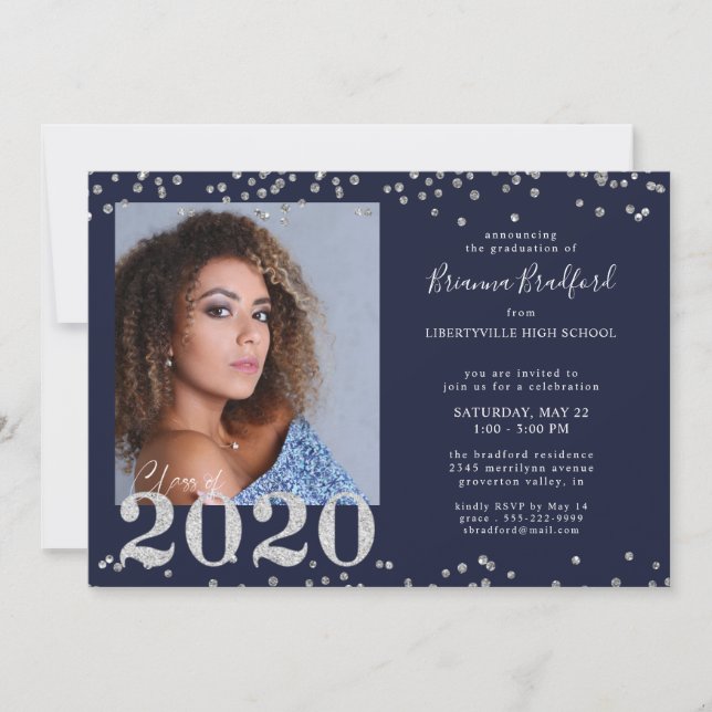 Graduation 2020 Silver Glitter Confetti Navy Blue Invitation (Front)
