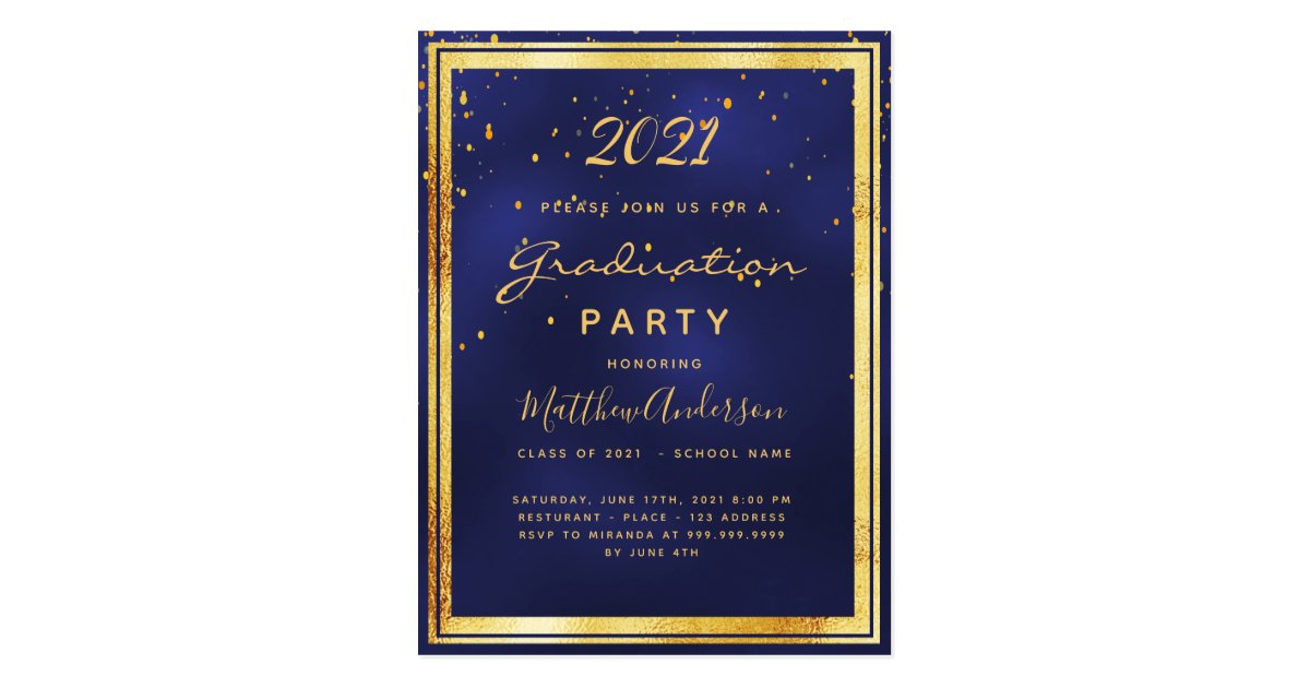 Graduation 2021 navy blue gold invitation postcard | Zazzle.co.uk