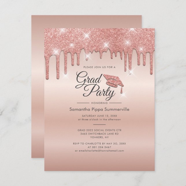 Graduation 2022 Rose Gold Glitter Grad Party Invitation (Front/Back)