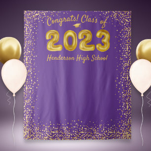Graduation 2023 Gold Balloon Purple Photo Backdrop Tapestry