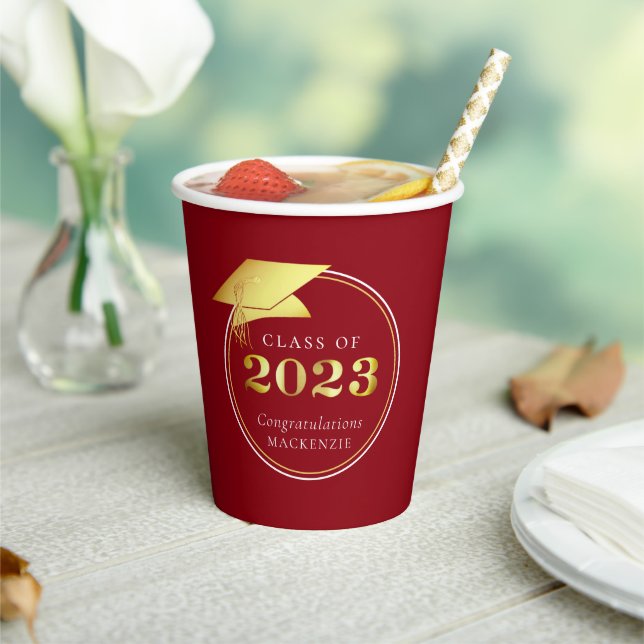 Graduation 2023 Gold Red Personalised Paper Cups (Insitu)