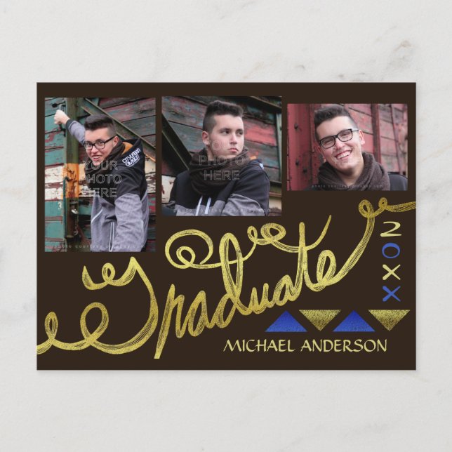 Graduation 2023 Photo Collage Faux Gold Typography Announcement Postcard (Front)