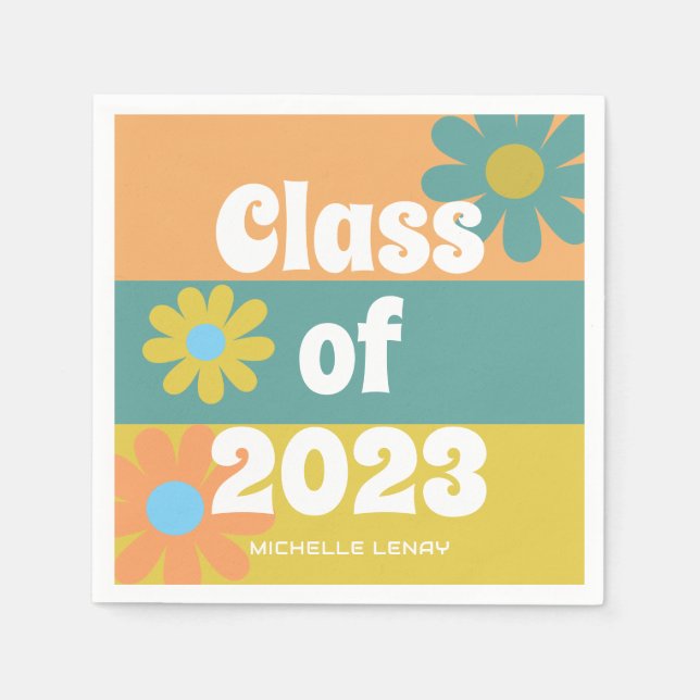 Graduation 2023 Retro Daisies Girls Personalised Napkin (Front)
