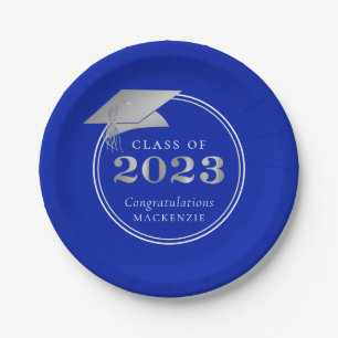 Graduation 2023 Royal Blue Faux Silver Paper Plate