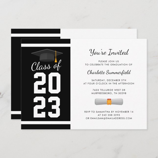 Graduation 2024 Black and White Grad Party Invitation (Front/Back)