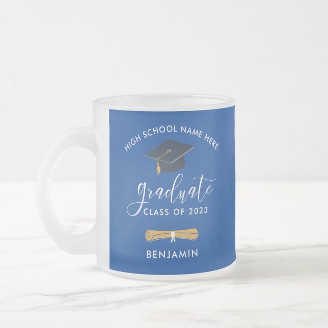 Graduation 2024 Blue Personalised Graduate Frosted Glass Coffee Mug (Left)