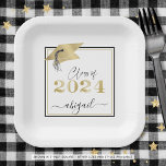 Graduation 2024 Faux Metallic Gold Cap Black Paper Plate<br><div class="desc">Modern personalised CLASS OF 2024 graduation party plates with your graduate's name in a chic handwritten script with a faux metallic gold 2024 and graduation cap. ASSISTANCE: For help with design modification/personalisation, colour change, transferring the design to another product or would like coordinating items, contact the designer BEFORE ORDERING via...</div>
