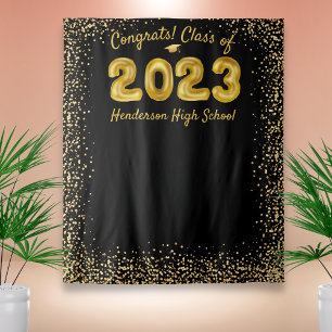 Graduation 2024 Gold Balloons Black Photo Backdrop Tapestry
