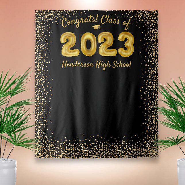 Graduation 2024 Gold Balloons Black Photo Backdrop Tapestry (Creator Uploaded)