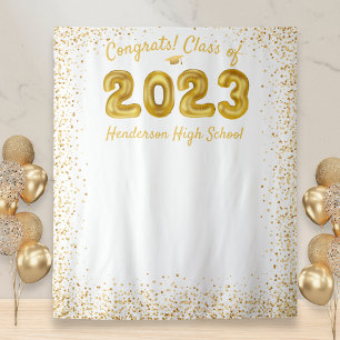 Graduation 2024 Gold Balloons White Photo Backdrop Tapestry