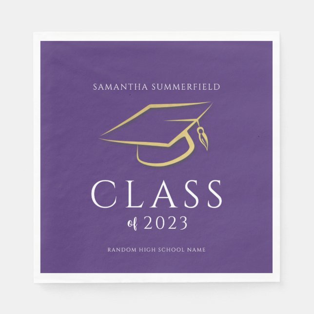 Graduation 2024 Gold Cap Purple Grad Party Paper Napkin (Front)