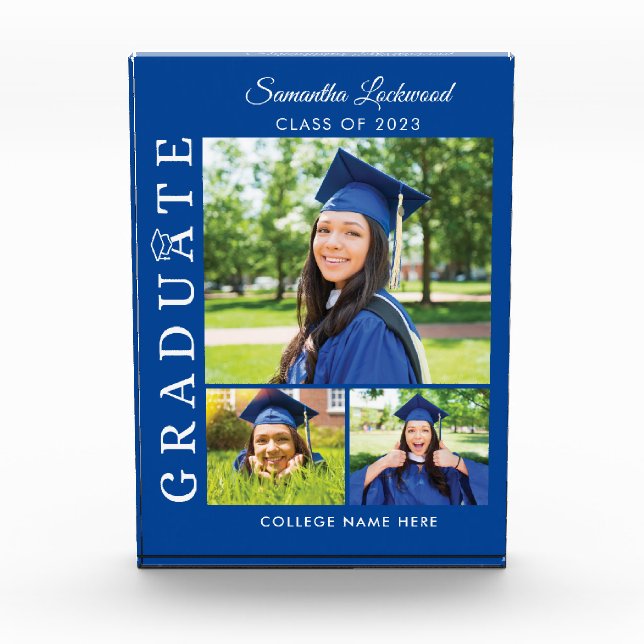 Graduation 2024 Grad Photo Collage Blue Keepsake Block (Front)