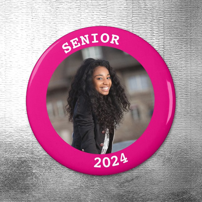 Graduation 2024 Hot Pink Round Photo Border Magnet (Hot Pink Senior Year 2024 Graduation Photo Magnet)