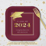 Graduation 2024 Maroon Faux Gold or Custom Colour Paper Plate<br><div class="desc">Elegant personalised, custom colour CLASS OF 2024 graduation party paper plates with CONGRATULATIONS and your graduate's name accented with a faux metallic gold 2024 and graduation cap or mortarboard in your choice of background colour (shown in Maroon) you can change to a school colour or coordinating party theme colour. ASSISTANCE:...</div>