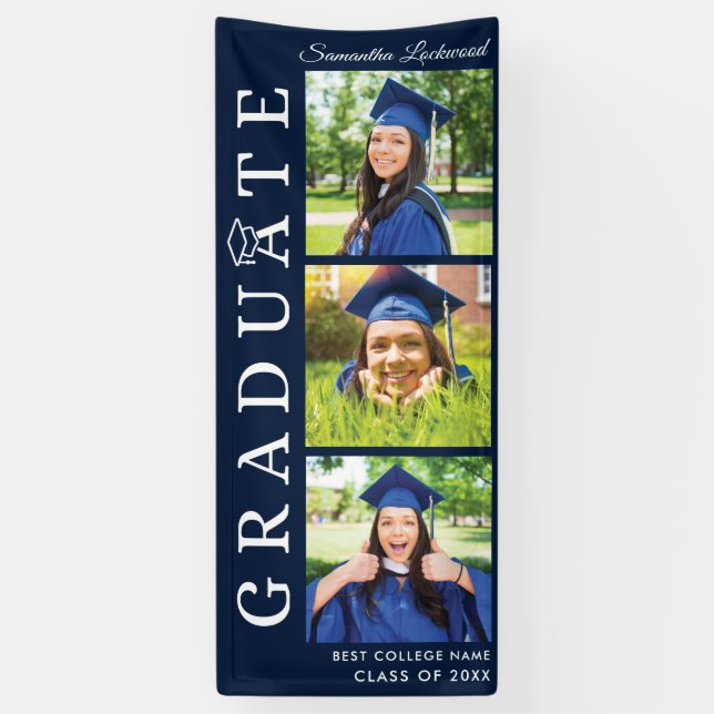 Graduation 2024 Photo Collage Navy Blue Graduate Banner (Vertical)