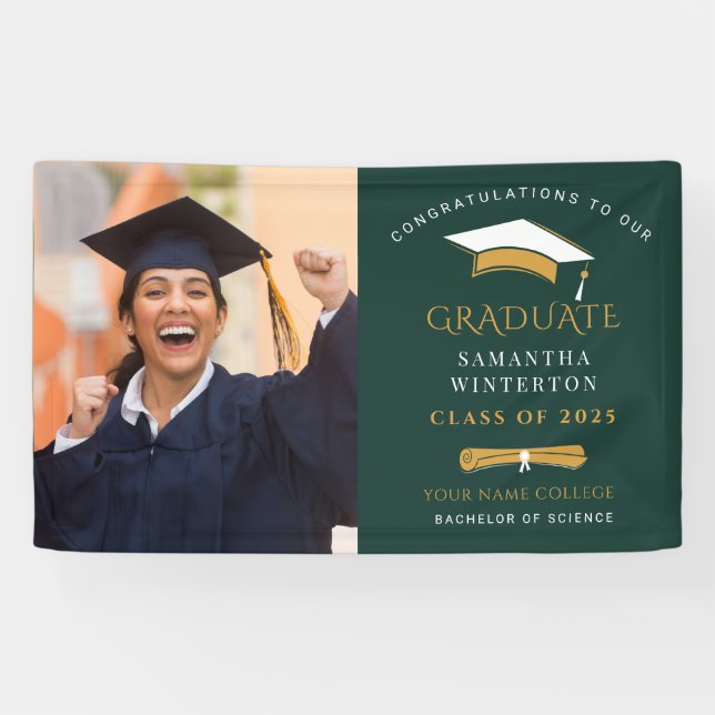 Graduation 2024 Photo Gold Green Graduate Party Banner (Horizontal)