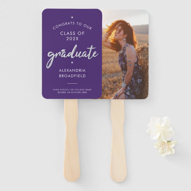 Graduation 2024 Photo Purple Grad Party Hand Fan (Front and Back)
