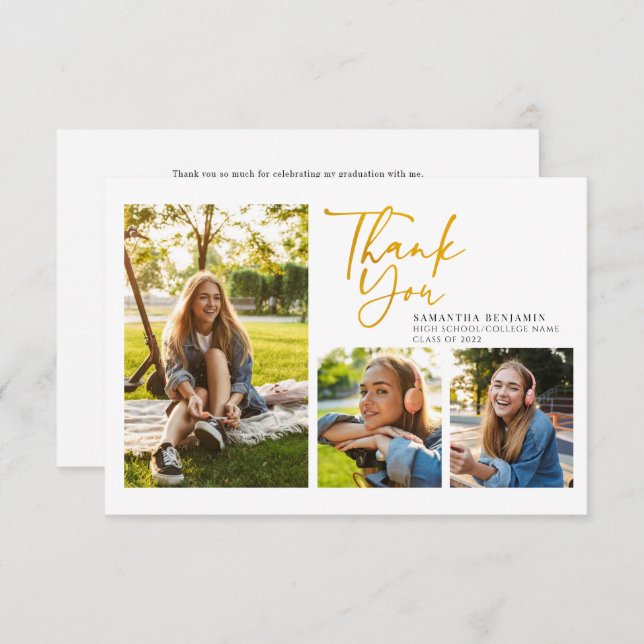 Graduation 2024 Simple Gold Hand-Lettered Graduate Thank You Card (Front/Back)