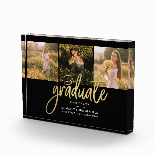Graduation 2025 Black Script Graduate Keepsake Photo Block (Right)