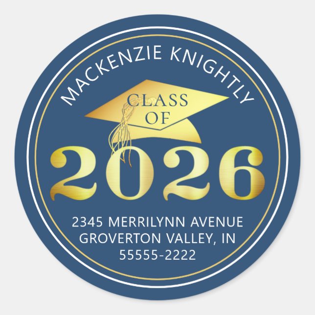 Graduation 2025 Blue Faux Gold Foil Address Classic Round Sticker (Front)