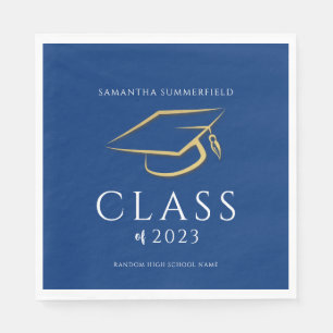 Graduation 2025 Blue Gold Cap Grad Party Paper Napkin