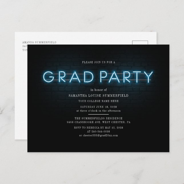 Graduation 2025 Blue Neon Grad Party Invitation Postcard (Front/Back)