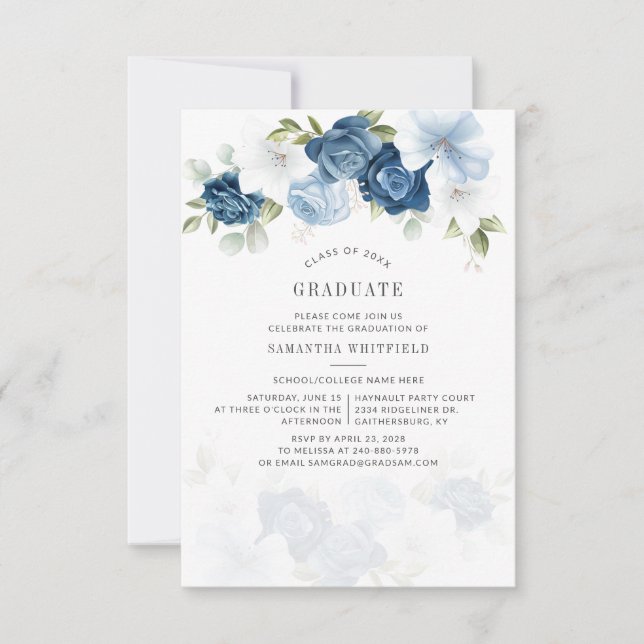 Graduation 2025 Dusty Blue Floral Grad Party Invitation (Front)