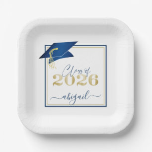 Graduation 2025 Faux Metallic Blue Gold Script Paper Plate